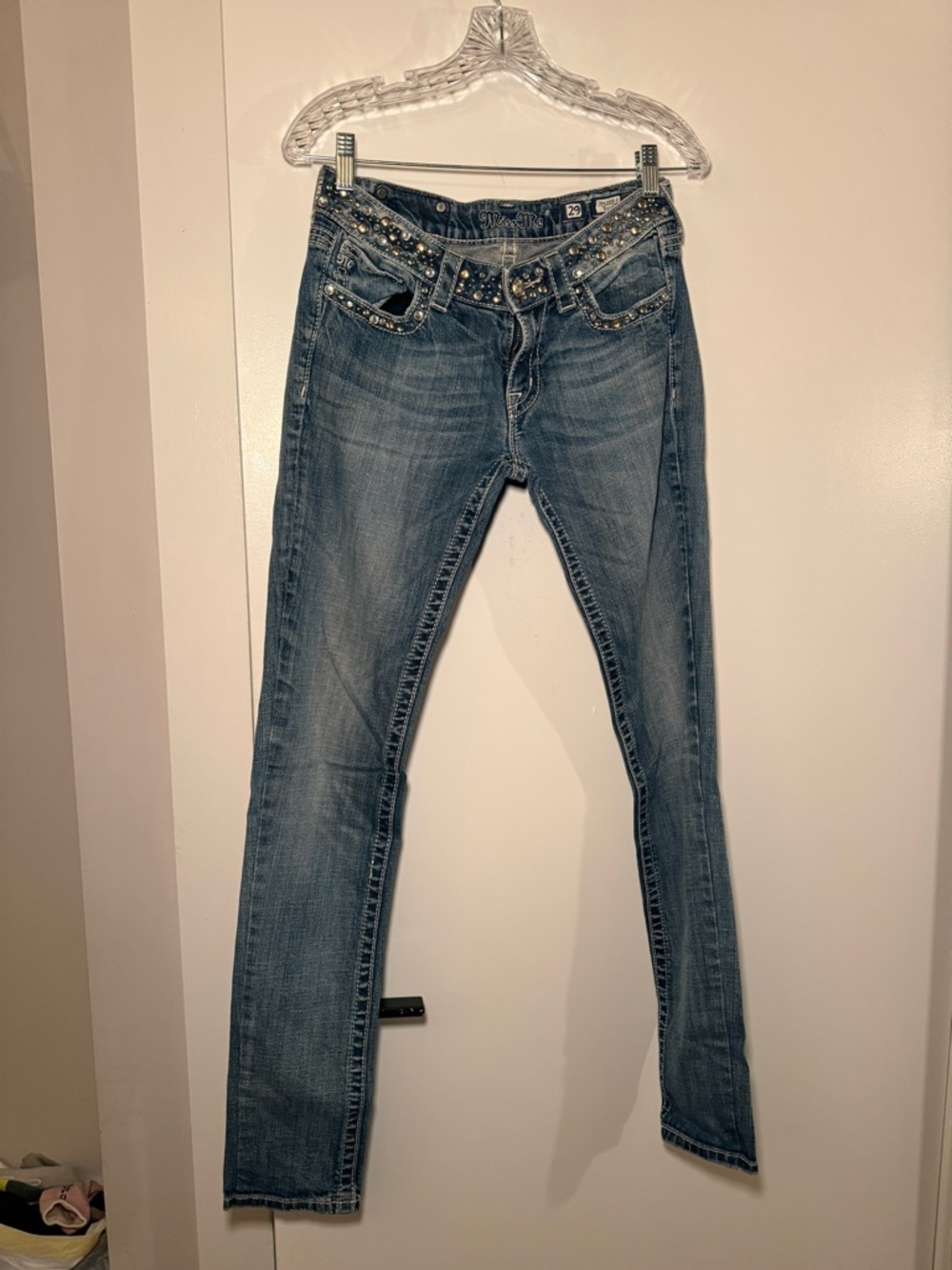 Miss Me Skinny Jeans with Studded Waistband in Blue Denim